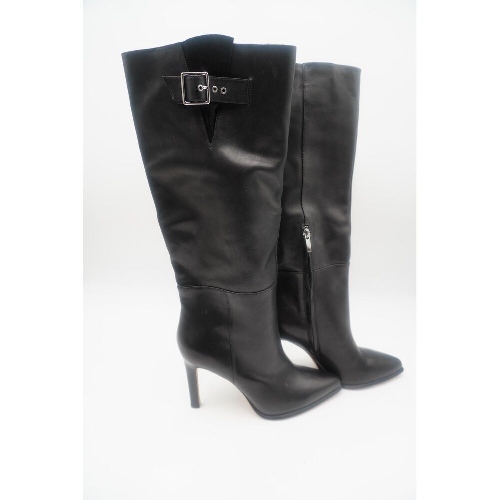 Paige Hazel Knee High Leather pointed toe gold buckle stylish Boots Black Sz 9.5